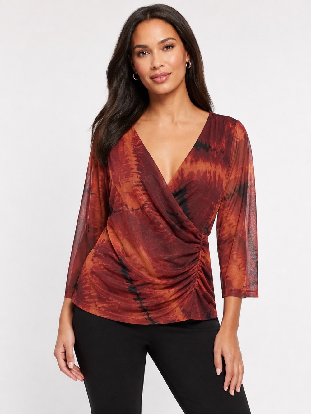 DKNY Women’s XL Abstract Print Faux Wrap Mesh Top